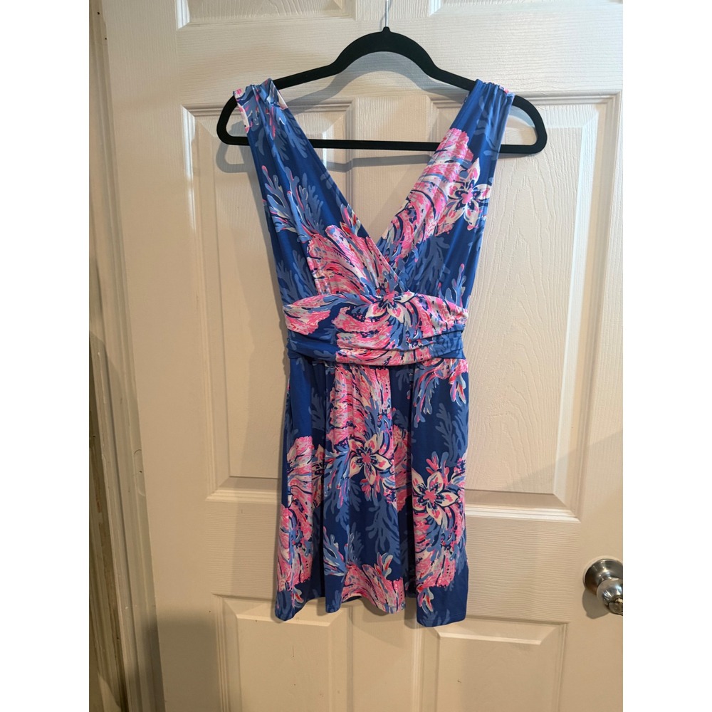 Lilly Pulitzer‎ Blue Pink Coral Floral V-Neck Ruched Waist Dress XXS 15519